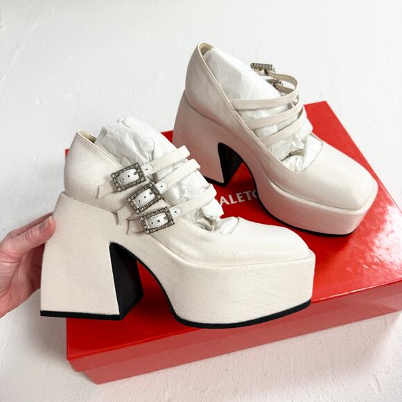 Nodaleto Bulla Marietta White Shantung Platform Mary Jane Pumps, Size EU 38 - Picture 1 of 8
